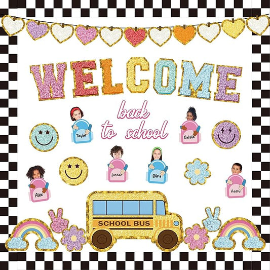 Welcome Back to School Bulletin Board Boho Groovy Preppy Patch Classroom Bulletin Board Decorations Schoolbag Paper Cutouts for Office Chalkboard Decor First Day of School Wall Door Supplies