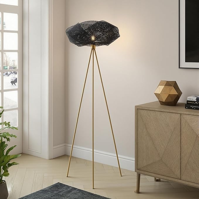 Bamboo Tripod Floor Lamp, Handwoven Lotus Shade Standing Lamp, Boho Natural Woven Light with Black Metal Stand for Living Room Bedroom