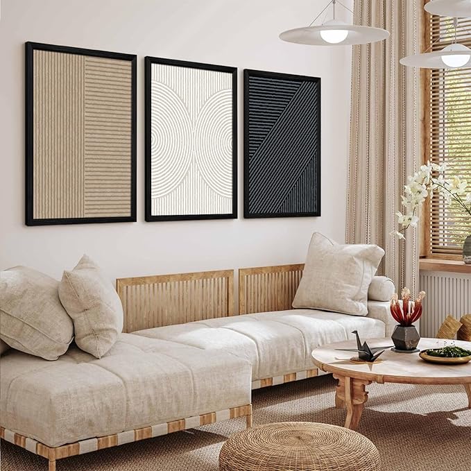 Modern Abstract Pictures Wall Art Boho Neutral Canvas Wall Art Minimalist Line Wall Decor Beige Black Brown Artwork Abstract Modern Painting Prints for Living Room Bedroom 16x24x3 Inch Wood Framed