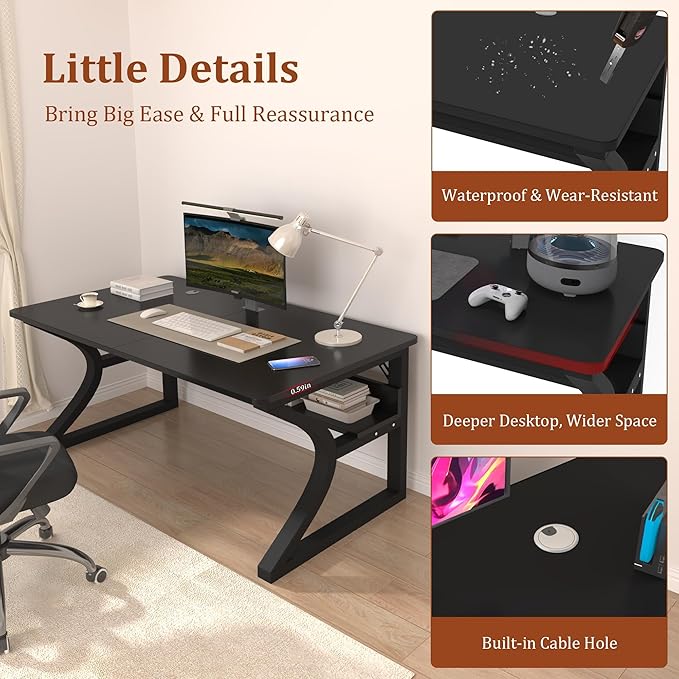 Computer Desk, 47'' Computer Desk Home Office Desks w/Storage Shelves & U Shaped Metal Frame, Study Writing Desk w/Cable Management, Deeper & Thicker Desktop Table for Home Office