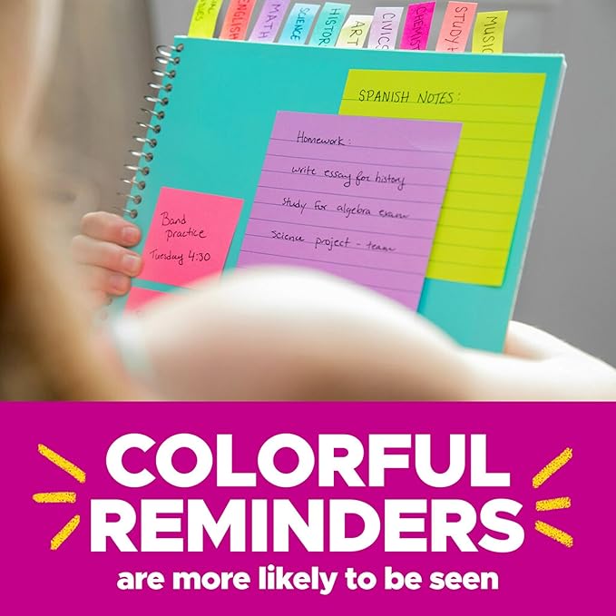 Post-it Super Sticky Notes, Assorted Bright Colors, 3x3 in, 15 Count, 45 Sheets/Pad, 2X The Sticking Power, Recyclable, Multi-Color (Pack of 6)
