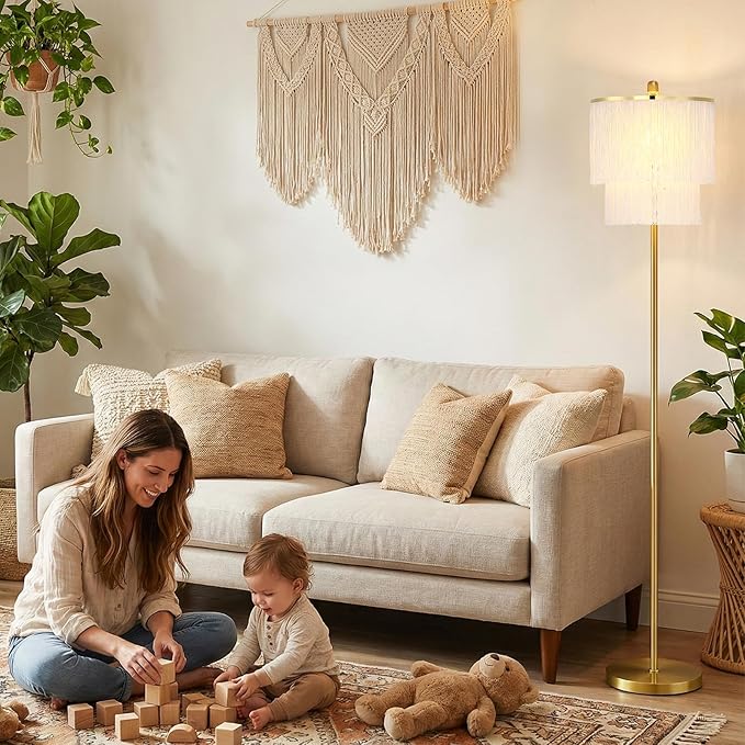 Dimmable Boho Tassel Floor Lamp with Remote Control for Living Room, 63" Tall Fringe Standing Bedroom Lamp with 3 Color Temperature Adjustment, Modern Stand Up Corner Lamp with Tassel Lampshade