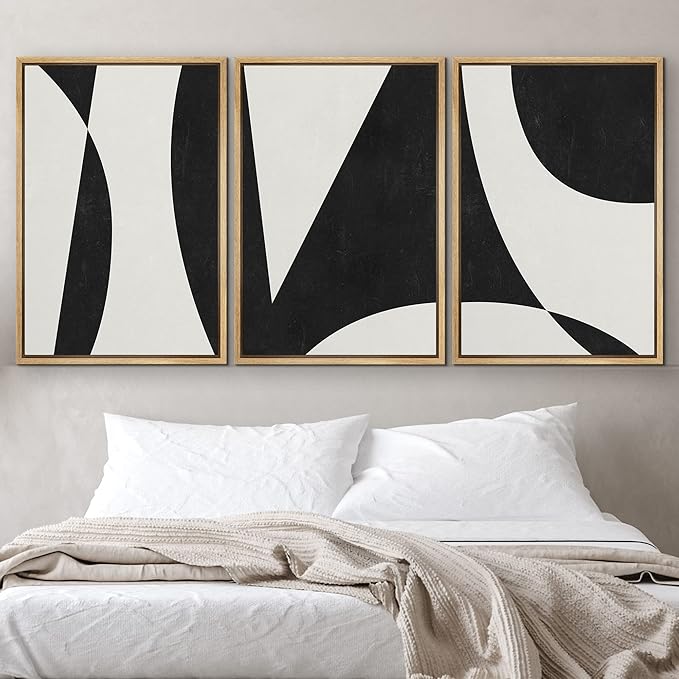IDEA4WALL Framed Canvas Print Wall Art Set Art Deco Mid-Century Black White Polygons Abstract Shapes Illustrations Modern Art Contemporary for Living Room, Bedroom, Office - 24"x36"x3 Natural