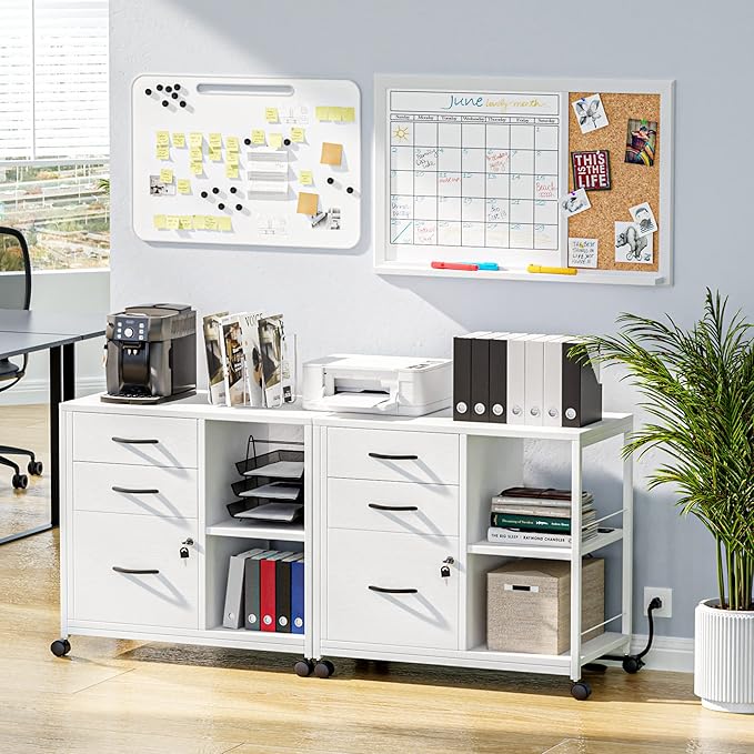 Lulive File Cabinet for Home Office, Filing Cabinet with Lock and USB Charging Port, 3 Drawer File Cabinet, Rolling File Cabinet with Storage for A4, Letter Size, White, HI1355