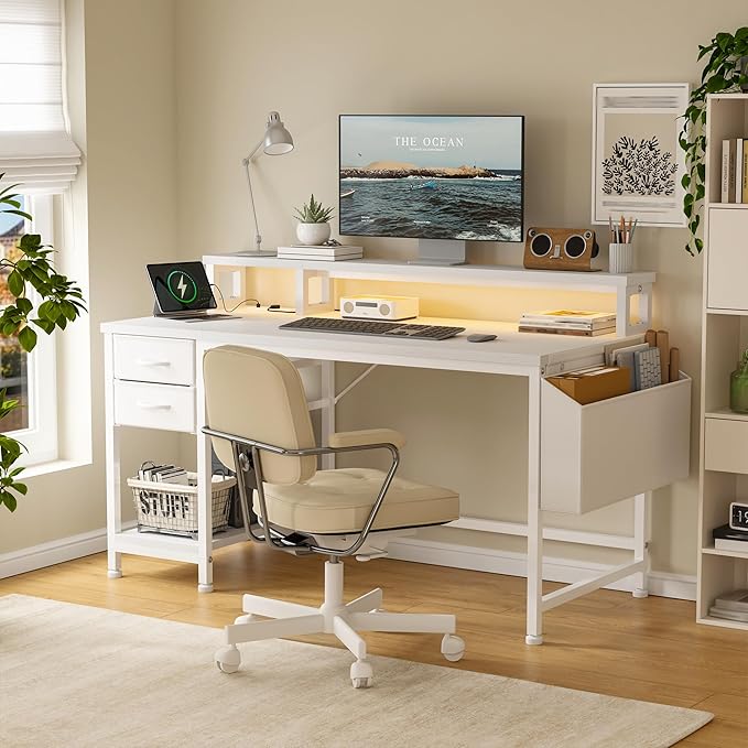 40" Computer Desk with LED Strip, Gaming Desk with Drawers & Storage Bag, Office Desk with Power Outlets & Monitor Stand, Home Office Desks for Bedroom, Gaming Room, White