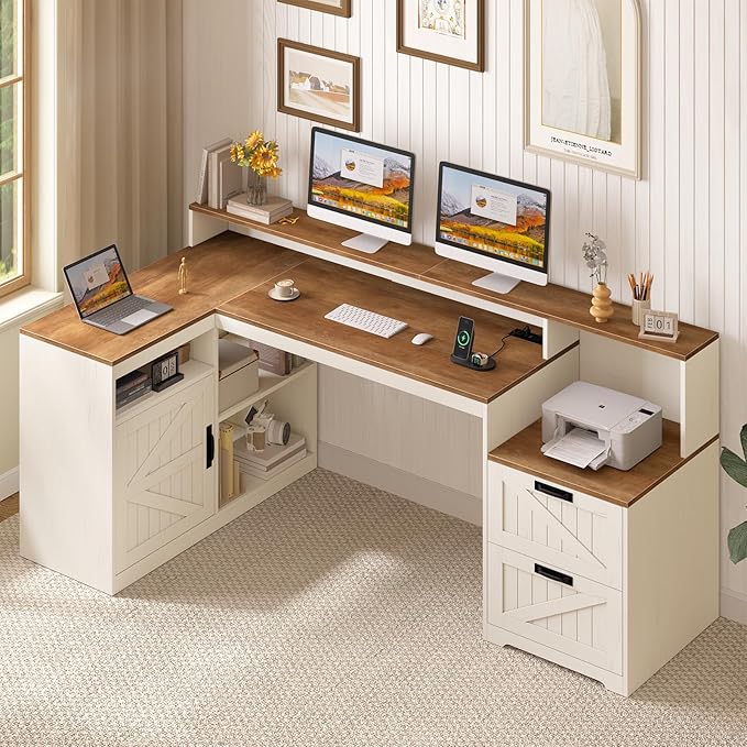 TVU Farmhouse L Shaped Desk with Drawers, 62.2" Home Office Desk with Storage Shelves and Power Outlet, L Shaped Computer Desk with Monitor Stand and Printer Shelf, Brown and White