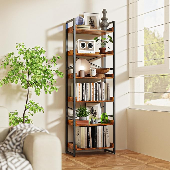 Luckyeestar 6-Tier Bookshelf, Industrial Bookcase, Office Shelf Storage Organizer, Free Standing Storage Shelving, Vintage Storage Rack, Metal Frame Display Rack for Living Room