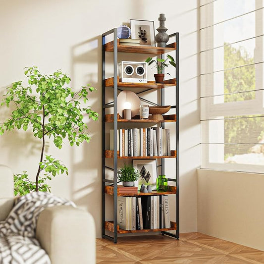 Luckyeestar 6-Tier Bookshelf, Industrial Bookcase, Office Shelf Storage Organizer, Free Standing Storage Shelving, Vintage Storage Rack, Metal Frame Display Rack for Living Room