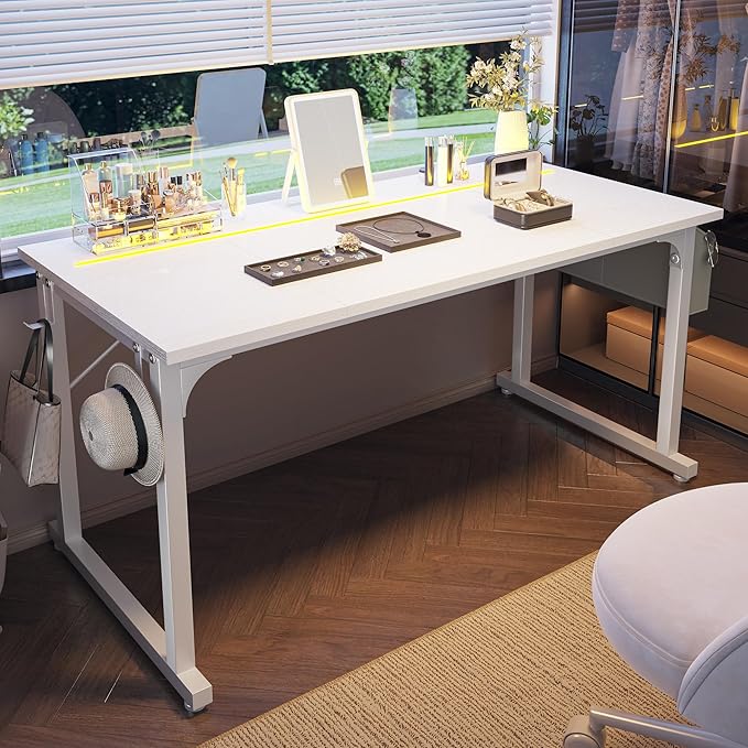 55 Inch White Computer Desk with LED Lights, Office Desk with Storage Bag for Home Office, Gaming Desk with Headphone Hook for Study Writing Work Desk,Sturdy Metal Frame