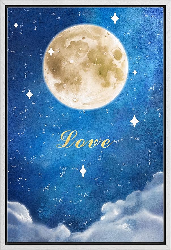 IDEA4WALL Framed Canvas Print Wall Art Love Watercolor Galaxy with Yellow Moon Astronomy & Space Sky Illustrations Modern Art Glam Colorful Ultra for Living Room, Bedroom, Office - 24"x36" WHITE