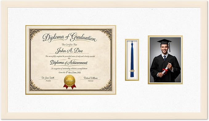 Diploma Tassel and Photo Frame Coastal Whitewash Shadowbox Oyster Shell Over Gold Mat - Fits 13 x 10 Degree Picture Made in the USA