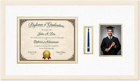 Diploma Tassel and Photo Frame Coastal Whitewash Shadowbox Oyster Shell Over Gold Mat - Fits 13 x 10 Degree Picture Made in the USA