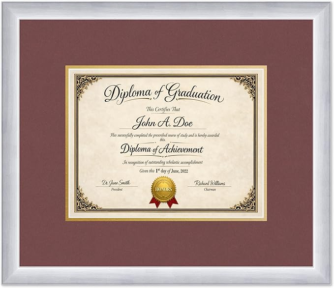 Diploma Frame Stainless Silver with Dark Red Over Gold Double Mat - Fits 11 x 8.5 US Letter Certificate Wall Display Made in the USA