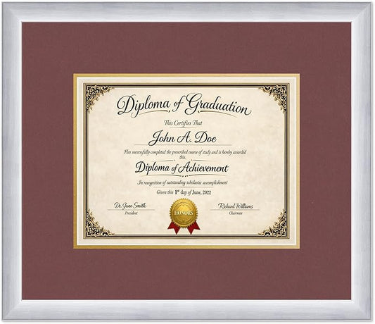 Diploma Frame Stainless Silver with Dark Red Over Gold Double Mat - Fits 11 x 8.5 US Letter Certificate Wall Display Made in the USA