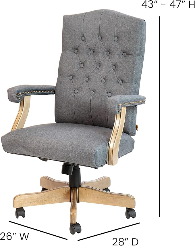 Flash Furniture Derrick Traditional Office Chair - Gray Fabric Tufted Swivel Office Chair - Home Office Desk Chair with Driftwood Base