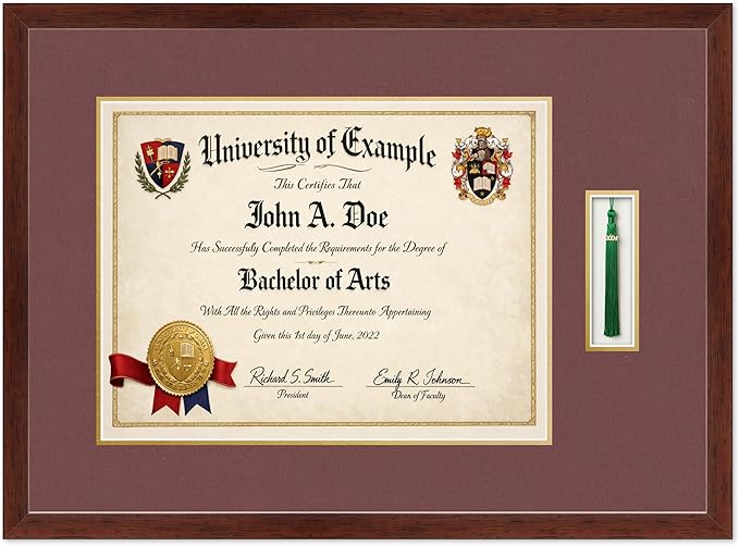 CountryArtHouse Diploma and Tassel Frame Fits 17 x 13 International Diploma with Tassel Hoo Rustic Walnut Genuine Hardwood Shadowbox with Dark Red Over Metallic Gold Double mat