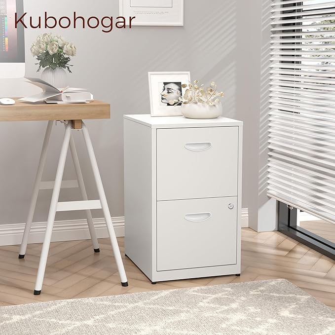 2 Drawer File Cabinet with Lock,White Metal Filing Cabinets,Vertical Locking File Cabinet Fit Hanging Files, Letter,File Box and A4 Documents(White)