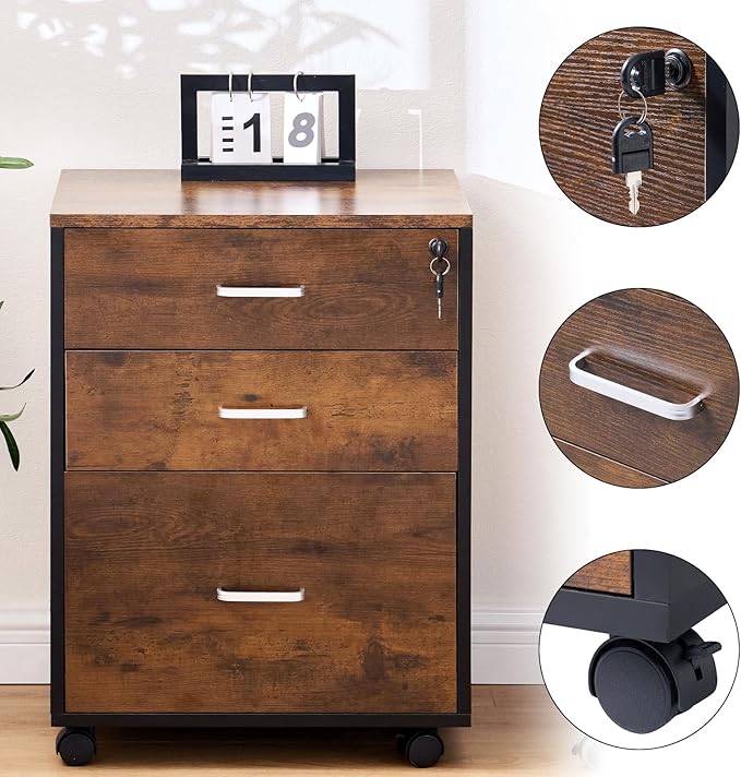 SogesGame 3 Drawer File Cabinet with Lock, Office Storage File Cabinet on Wheels, Mobile Under Desk File Cabinets for Home Office Fits Letter/Legal/A4 Size, Retro