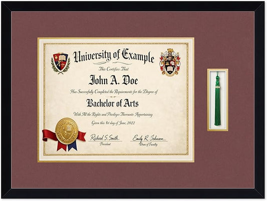CountryArtHouse Diploma and Tassel Frame Fits 15 x 12 Military/Government with Tassel Hook Matte Black Genuine Hardwood Shadowbox with Dark Red Over Metallic Gold Double mat