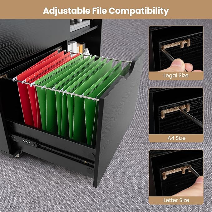 3 Drawer File Cabinet, Wood Lateral Filing Cabinet for Hanging Letter, A4, Legal Size, Rolling Printer Stand with Adjustable Shelf, Under Desk Storage for Home Office (Black)