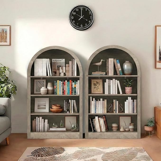 Bookcase, 4-Tier Tall Bookshelf, 47.6" Wood Open Display Floor Arched Book Shelf, Large Storage Organizer for Bedroom and Living Room Gray