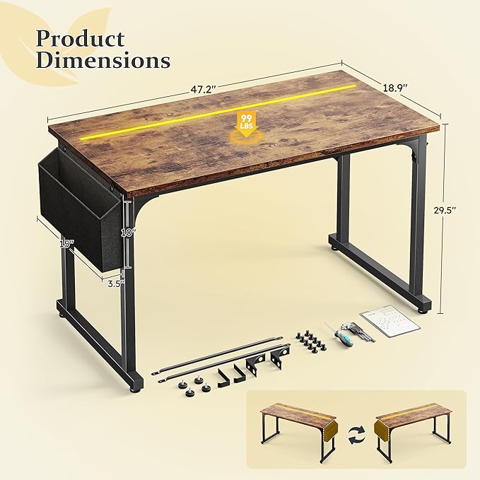 48 Inch Computer Desk with LED Lights, Office Desk for Home Office, Study Desk Writing Table with Storage Bag, Headphone Hook, Rustic Brown