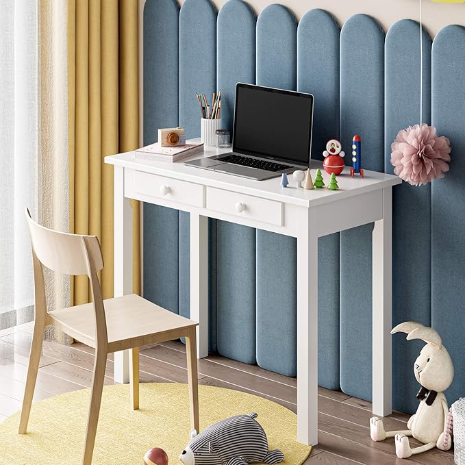 ADORNEVE Small White Writing Desk with Hutch and USB Ports, 31.5 inch Home Office Desk with Drawers, Study Table for Kids/Student, Makeup Dressing Table Save Space Gifts