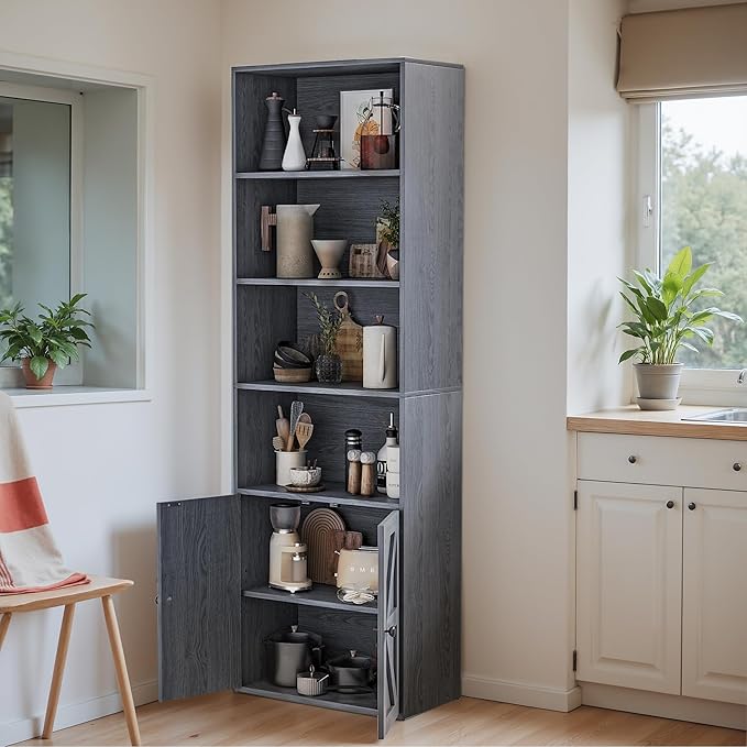 YESHOMY 71.5" Tall Bookshelf and Bookcase, Industrial Bookshelves and Bookcases with Doors, 4-Tier Floor Standing Tall Display Storage Cabinet with Doors for Home Office, Living Room, Gray, 2 PCS