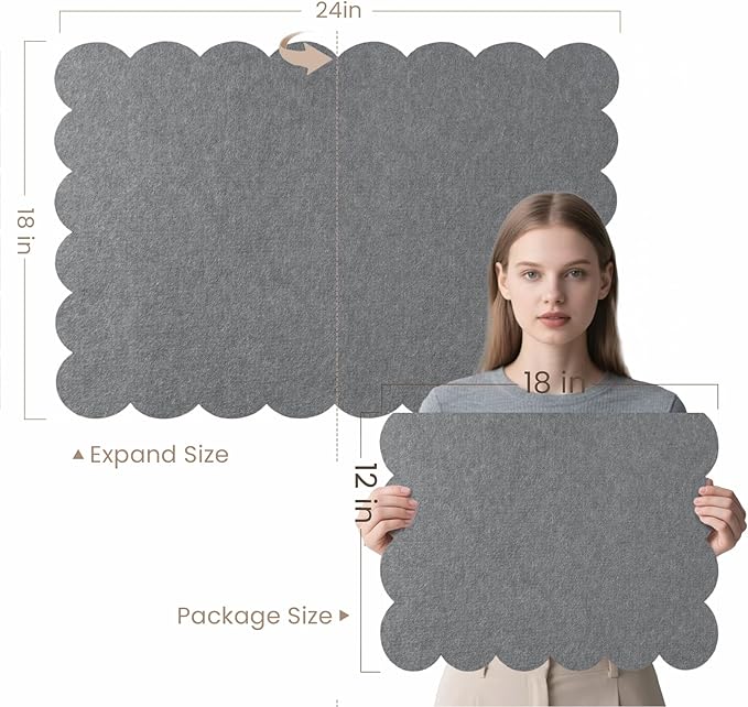 Scalloped Bulletin Board, 24 x 18 Inches Felt Pin Board - Decorative Cork Alternative for Wall, Foldable Picture Self-Adhesive Vision Prayer Board with 20 Pushpins - Gray