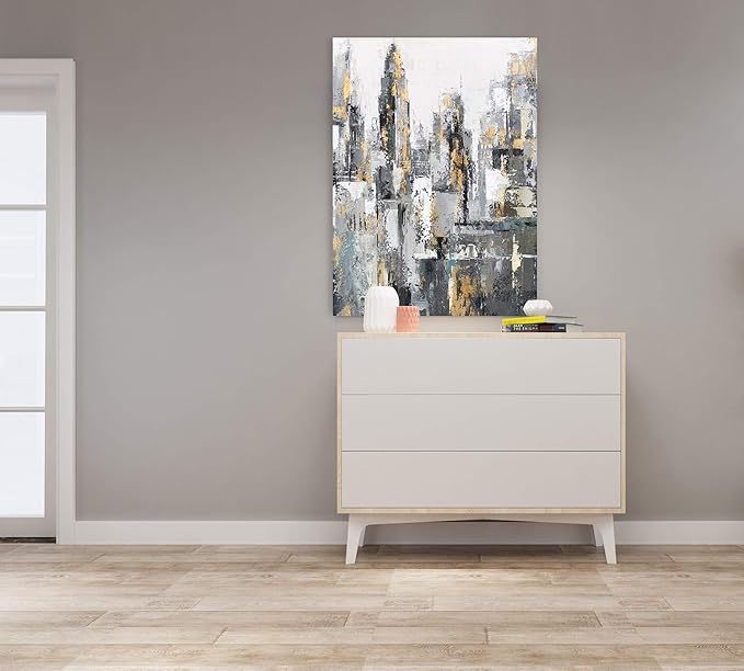 Yihui Arts Large Modern Abstract Chicago City Canvas Wall Artworks Painting with Gold Foil for Living Room Decoration