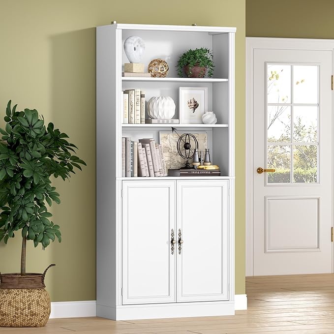 70.1" Tall Bookshelf with Cabinet, 5-Tier Floor Standing Bookcase with Doors & Adjustable Shelves, 31.5" Wide Storage Shelf, Metal Handles, Modern Organizer for Home Office, Living Room