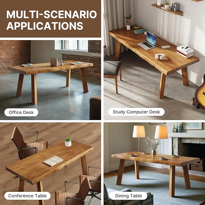 Solid Wood Desk 55 inches, Live Edge Wooden Home Office Computer Desk Modern Simple Design for Writing, Study, Dining, Gaming