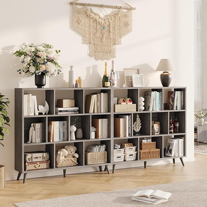 10 Cube Bookshelf, 3 Tier Wooden Book Shelf, Modern Black Short Bookcase with Solid Wood Legs, Small Book Cases Vintage Wide Storage Organizer with Open Shelf for Kids, Small Spaces, Bedroom, Office