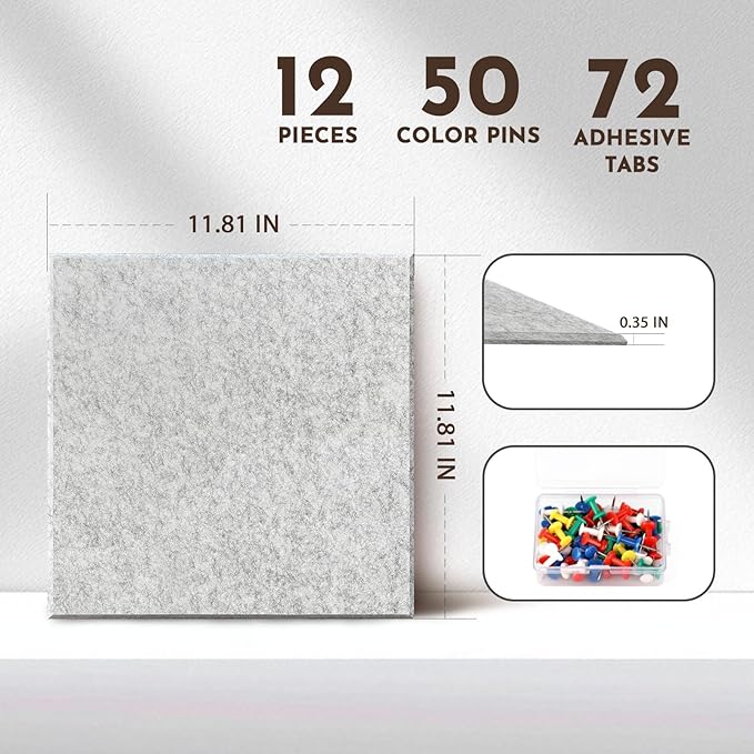 MISSDAY Light Grey Acoustic Wall Panel Large Felt Bulletin Board 48" x 36" Cork Board for Wall, 12-Pack Boards with 72 Adhesive Tabs, 50 Pins, Pin Board for Home Office Classroom Soundproof Wall Tile