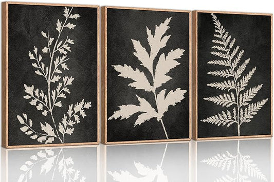 Ausril Black Tan Fern Leaf Framed Canvas Wall Art Set, Minimalist Botanical Wall Decor, Nature Fern Plant Silhouette Wall Painting, Modern Art Print for Living Room, Bedroom, Office 16"x24"x3