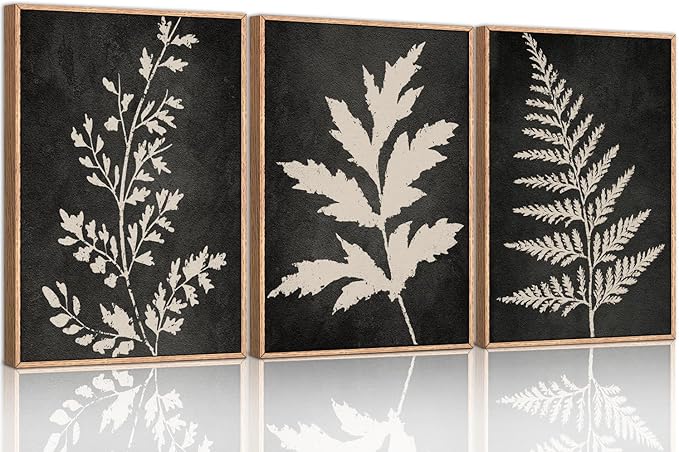 Ausril Black Tan Fern Leaf Framed Canvas Wall Art Set, Minimalist Botanical Wall Decor, Nature Fern Plant Silhouette Wall Painting, Modern Rustic Art Print for Living Room, Bedroom, Office -36"x24"x3