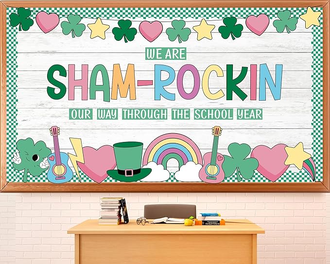 St. Patrick's Day Bulletin Board Set Shamrock Rainbow Paper Cut Outs St. Patrick's Day Classroom Bulletin Board Decoration Hearts Stars Hat Guitars Decor for Party Classroom Chalkboard Wall Decoration
