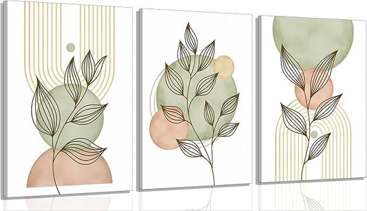 3Pcs Framed Sage Green Boho Canvas Wall Art Modern PinkBotanical Posters Print Abstract With Leafr Pictures Wall Decoration For Living Room Bedroom Bathroom