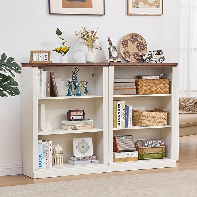 43" White Tall Bookshelf Set of 2,3-Tier Thick Wooden Book Shelf with Adjustable Shelves,Free Standing Farmhouse Bookcase with Open Display Storage,Floor Vintage Bookshelves for Living Room