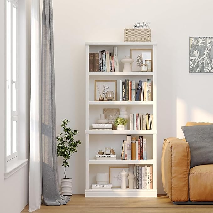 blini White Bookshelf and Bookcase Double Wide Large Bookshelves Wooden 5 Tier Tall Bookshelf with Storage Cabinets for Living Room, Home Office, Library (White, 5-Shelf)