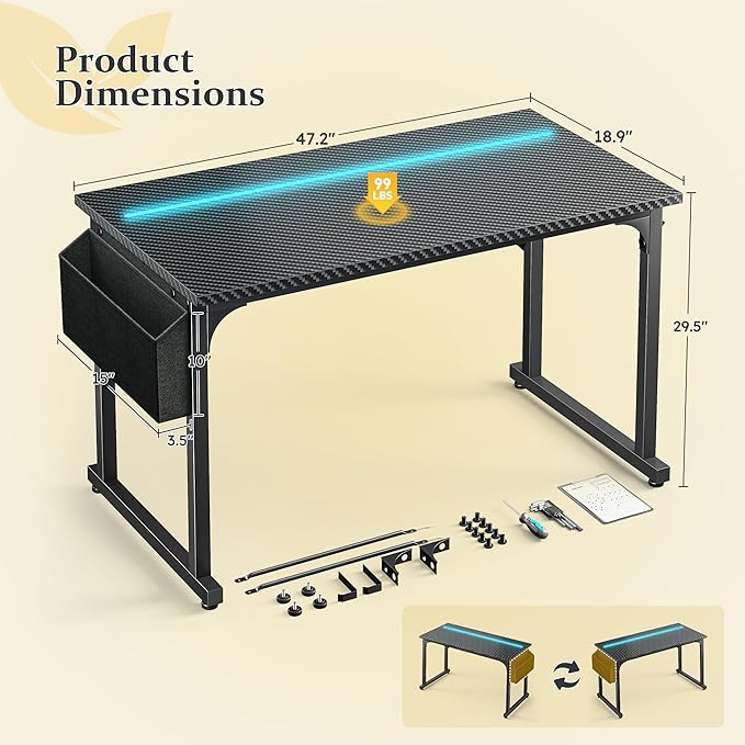 48 Inch Computer Desk with LED Lights, Office Desk for Home Office, Study Desk Writing Table with Storage Bag, Headphone Hook, Black