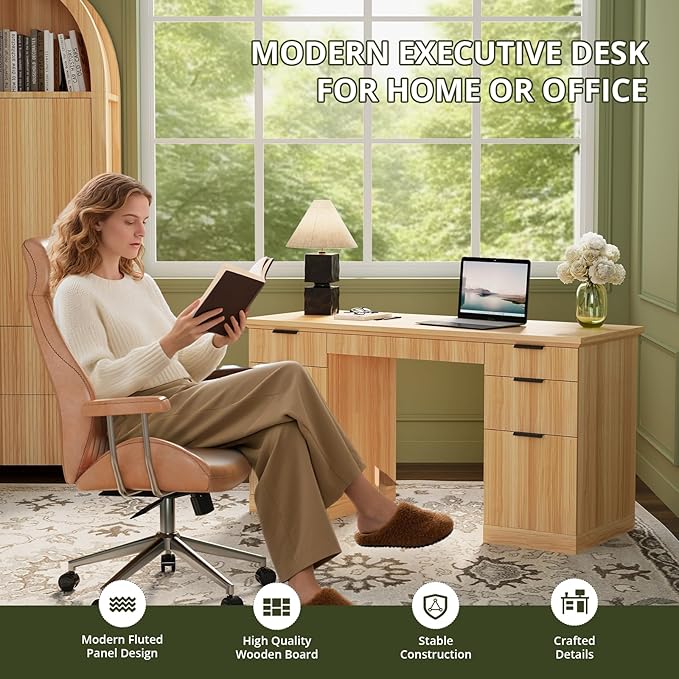 FURSUN 58" Executive Desk with Charging Station & File Drawer, Modern Fluted Home Office Desk with 5 Drawers & Keyboard Tray, Large Computer Writing Desk, Natural Oak