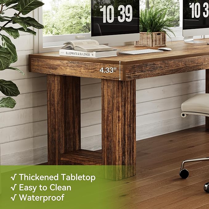 LITTLE TREE 86.6 Inches Extra Long Computer Desk, Industrial Two Person Desk, Wooden Double Desk, Simple Study Writing Table for 2 People, Large Business Workstation for Home Office, Rustic Brown