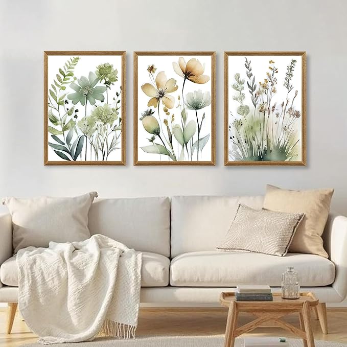 SYWENNOI Wood Framed Green Botanical Canvas Wall Art, Boho Floral Watercolor Art Wall Decor, Minimalist Flower Pictures Poster Prints for Bedroom Bathroom Living Room Ready to Hang 16x24 Inches