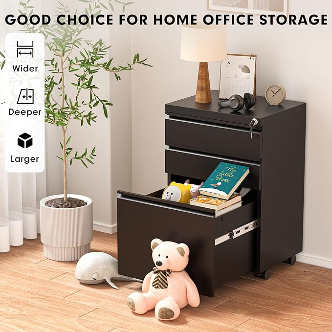 Greenvelly Mobile File Cabinet, 3 Drawer Metal Filing Cabinet on Wheels, Under Desk File Cabinet for Home Office Organizer Letter/Legal/A4 File (Requires Assembly-Black)