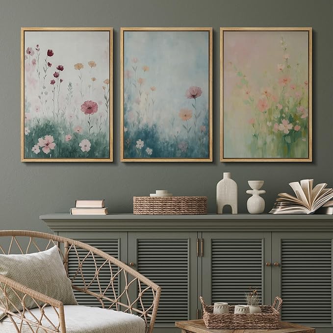 SIGNFORD Framed Wall Art Print Set Pastel Wildflower Meadow Soft Botanical Digital Art Modern Art Contemporary for Living Room, Bedroom, Office - 24"x36"x3 NATURAL