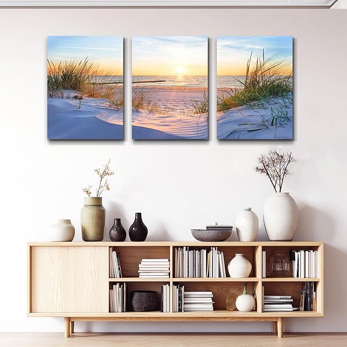 MHARTK66 Large Canvas Wall Art For Bedroom Wall Decor For Living Room Modern Office Pictures Wall Artwork Blue Sun Beach Grass Ocean Landscape Paintings Canvas Art Prints Home Decorations 3 piece