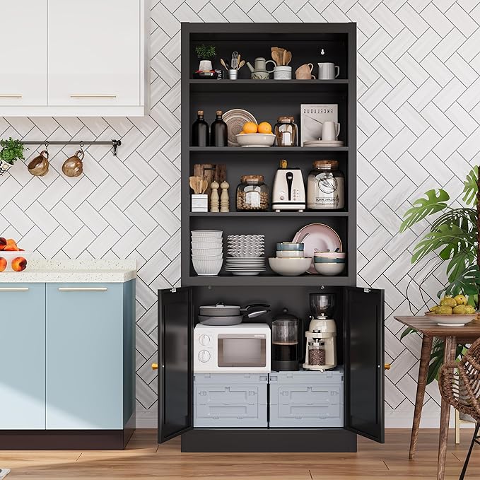 Black Bookcase, Library Office Book Shelf with Adjustable Shelves, Tall Bookcase with Doors for Bedroom Living Room Kitchen. Metal Bookshelf Ideal for Home Organization & Stylish Upgrades