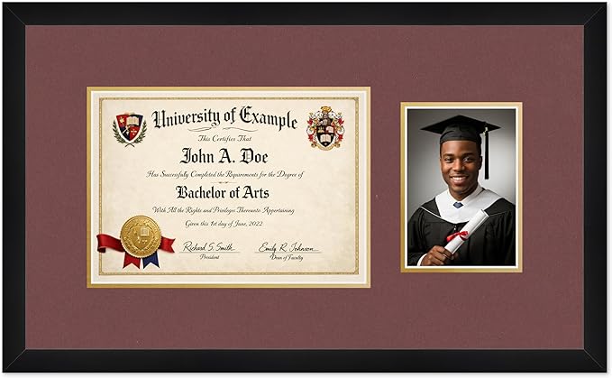 CountryArtHouse Fits 11.69 x 8.27 A4 Certificate and 5 x 7 Photo Diploma and Photo Frame Matte Black Genuine Hardwood with Dark Red Over Metallic Gold Double mat