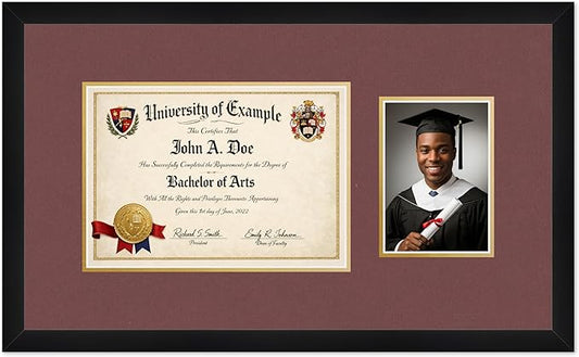 CountryArtHouse Fits 11.69 x 8.27 A4 Certificate and 5 x 7 Photo Diploma and Photo Frame Matte Black Genuine Hardwood with Dark Red Over Metallic Gold Double mat